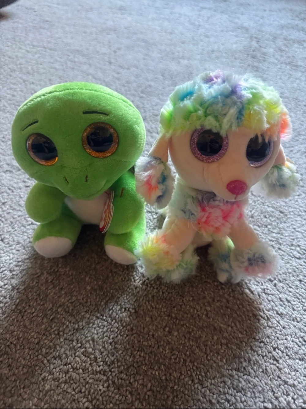 Ty Green Frog and Rainbow Poodle Beanie Plush Duo